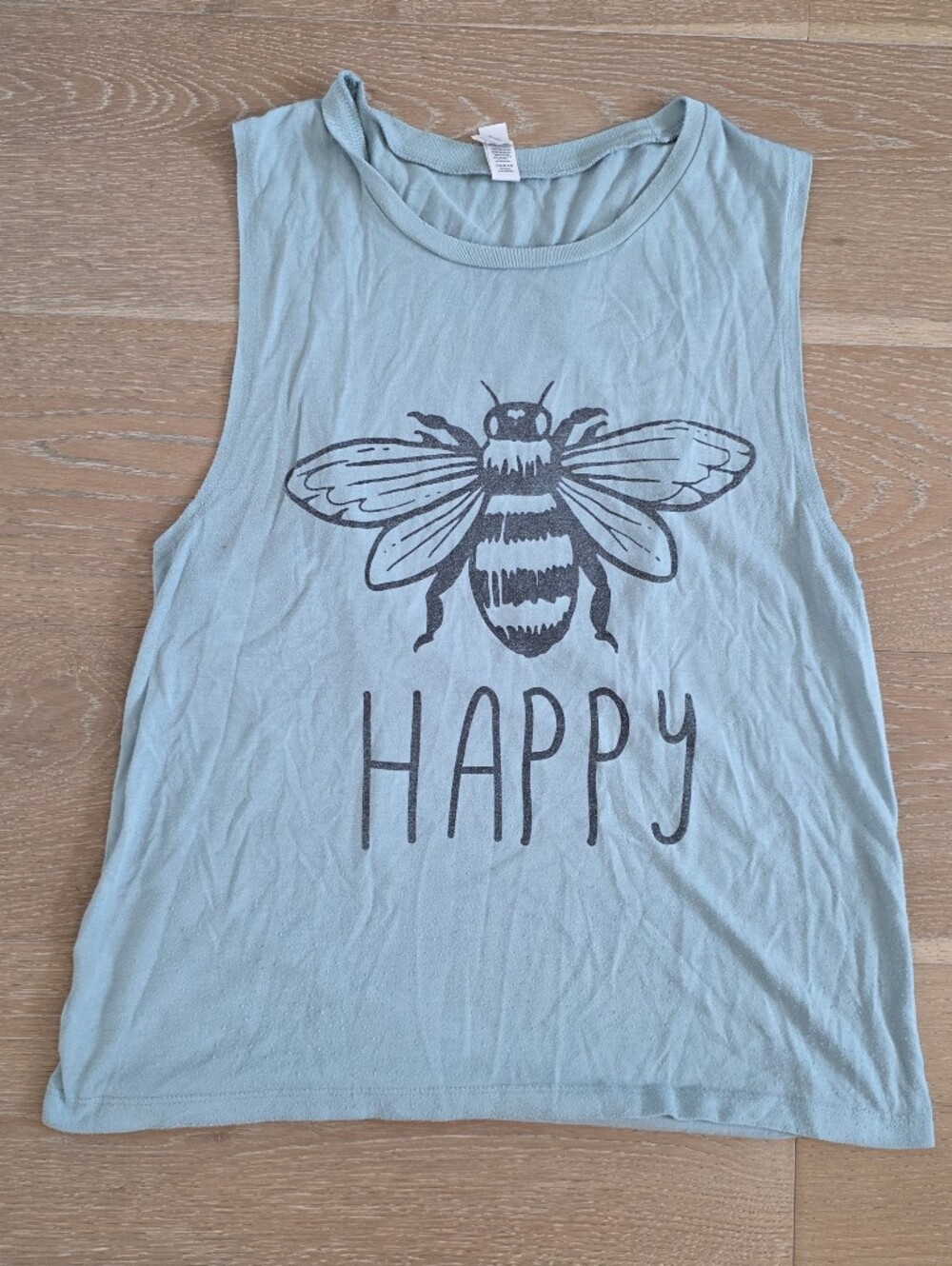 "Bee Happy" Light Blue Green Graphic Tank Top Sz L